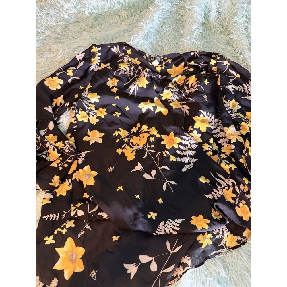 INC Women's size M Black & Yellow Floral Blouse Wrap Mesh Flow Macys